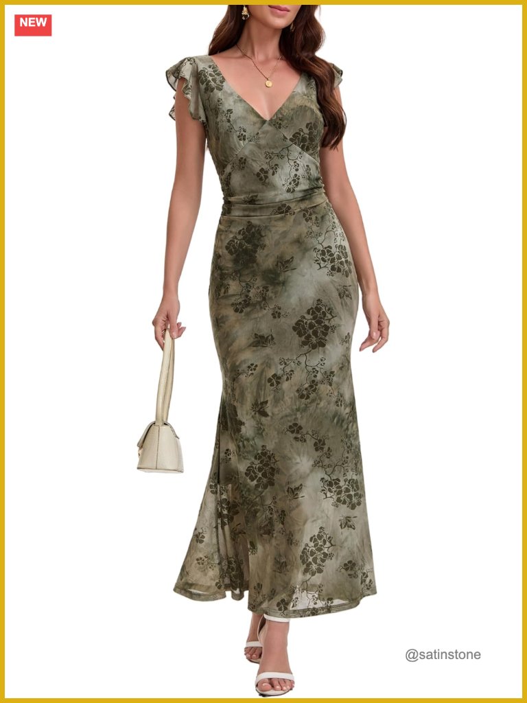 Sleeveless V Neck Wedding Guest Dress Bodycon Floral Mesh Ruched Mermaid Maxi